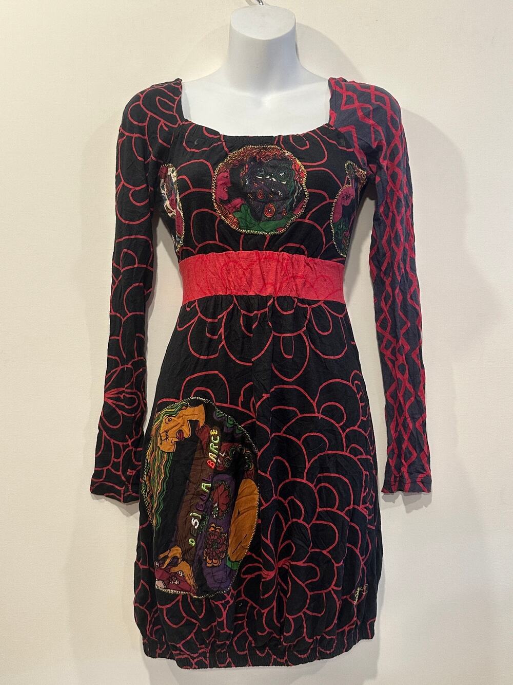 Desigual Vintage Y2K Red Floral Graphic Patchwork Bubble Hem Mini Dress S